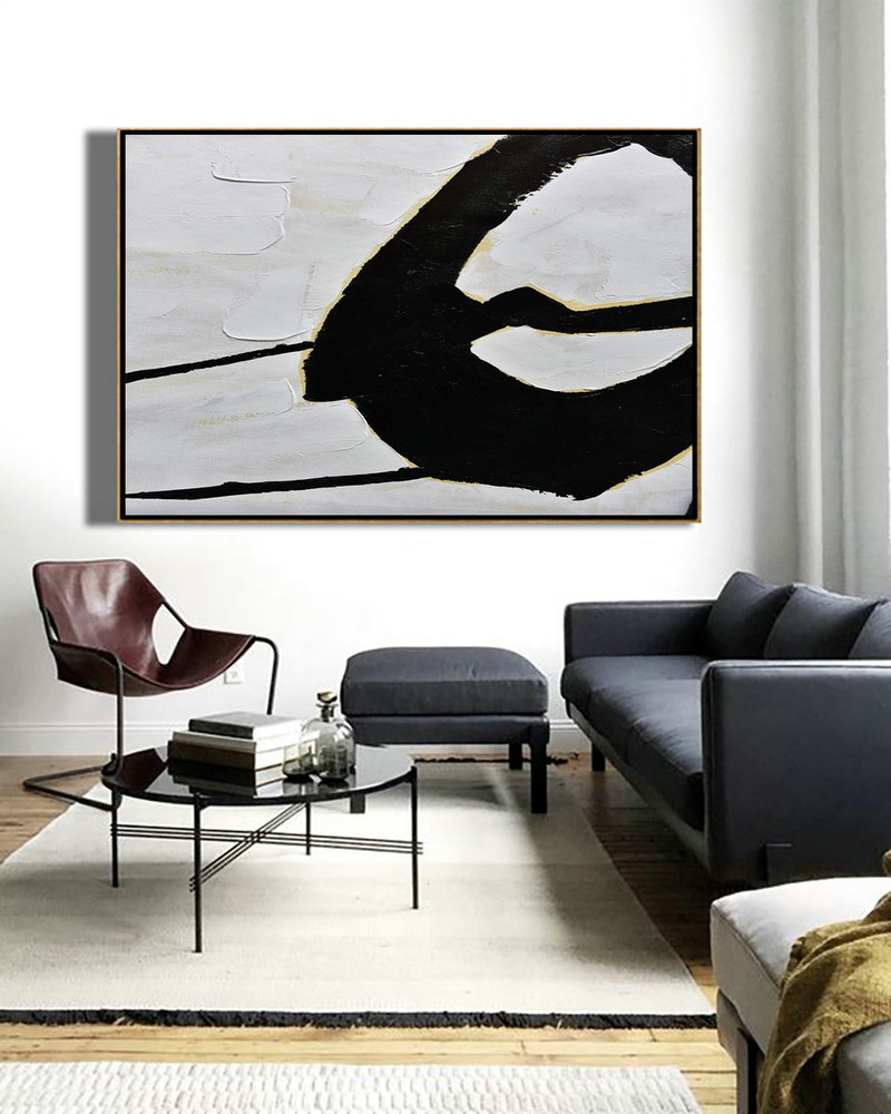 Modern Paintings On Canvas,Horizontal Palette Knife Minimal Canvas Art Painting Black White Beige - Hand Painted Abstract Art